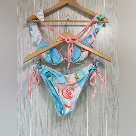 Palms Away Floral Aqua Peach Green Bikini NWOT Top L Bottom M - Picture 5 of 6